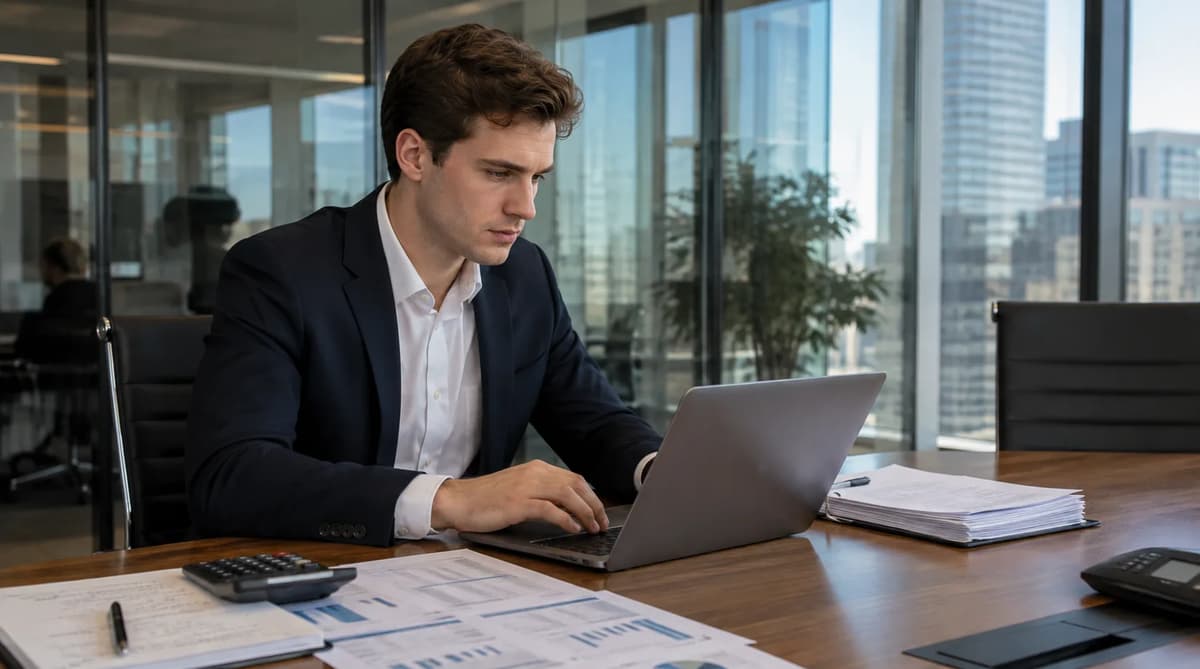 Private equity associate analyzing financial models and investment documents in a modern office