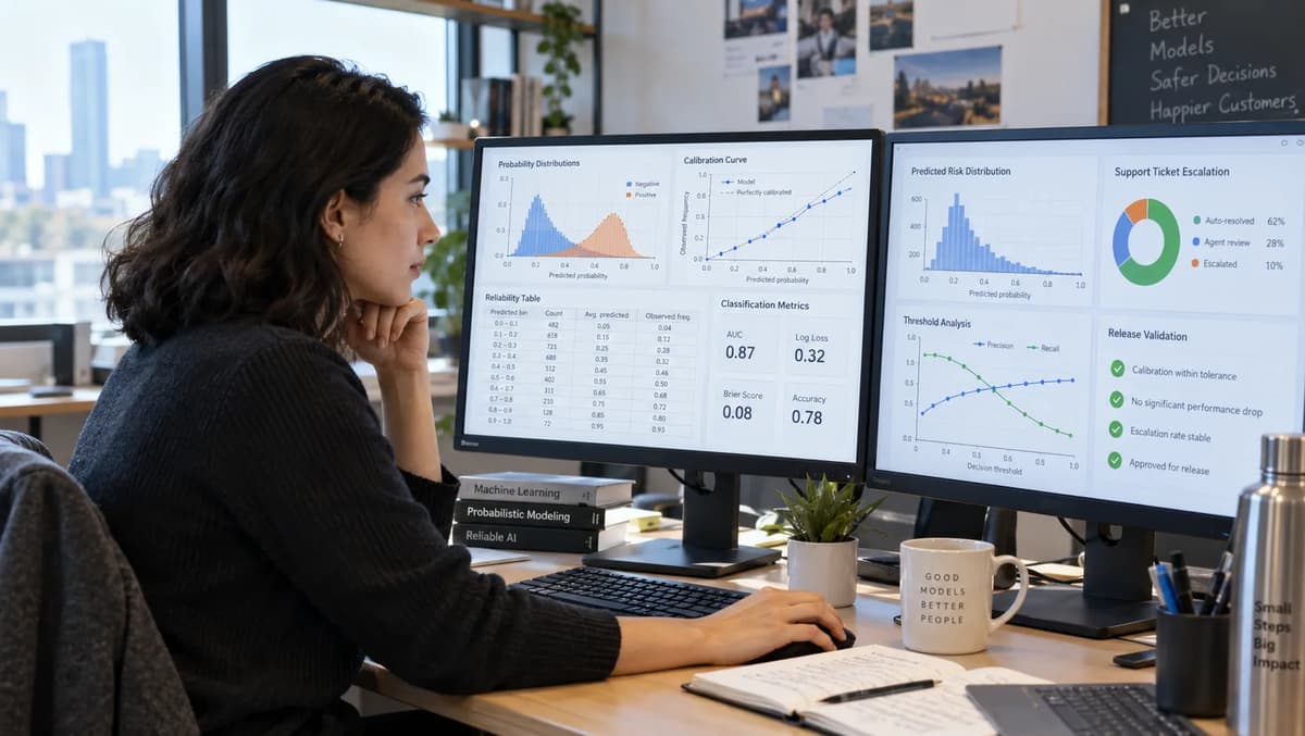 Machine-learning engineer validating probability calibration and model-release metrics on dual monitors