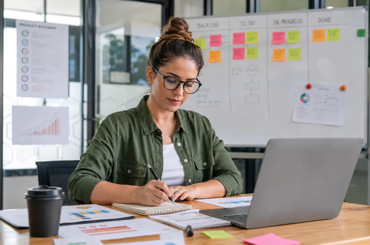 Product Owner comparing CSPO, PSPO, and SAFe POPM certification options while working beside an Agile backlog board