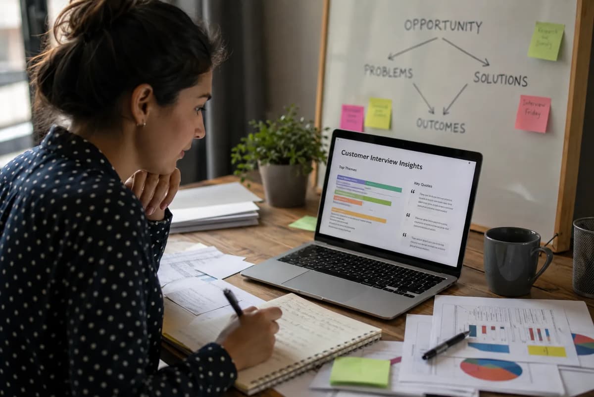 Product owner reviewing AI-moderated customer interview insights beside an opportunity solution tree