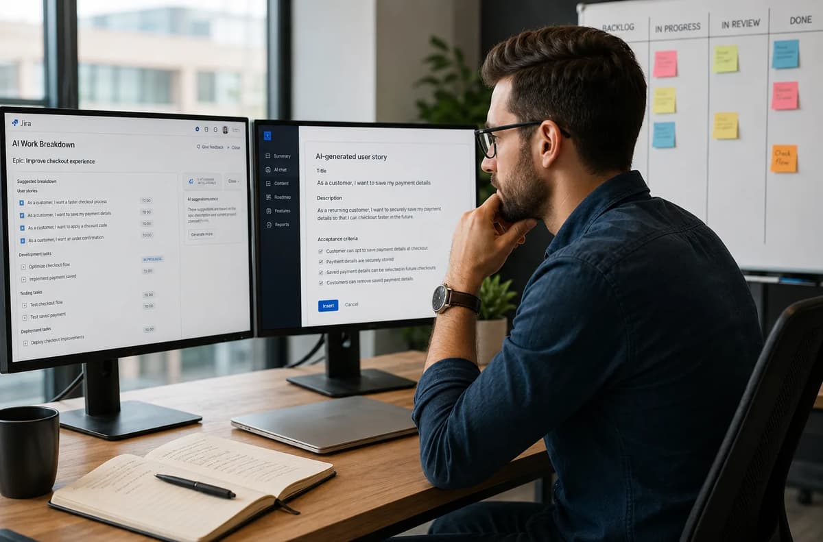 Product Owner reviewing AI-generated Jira user stories and backlog tasks on dual monitors in a modern office