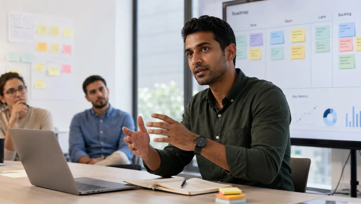 Product professional leading a roadmap and backlog planning meeting with colleagues