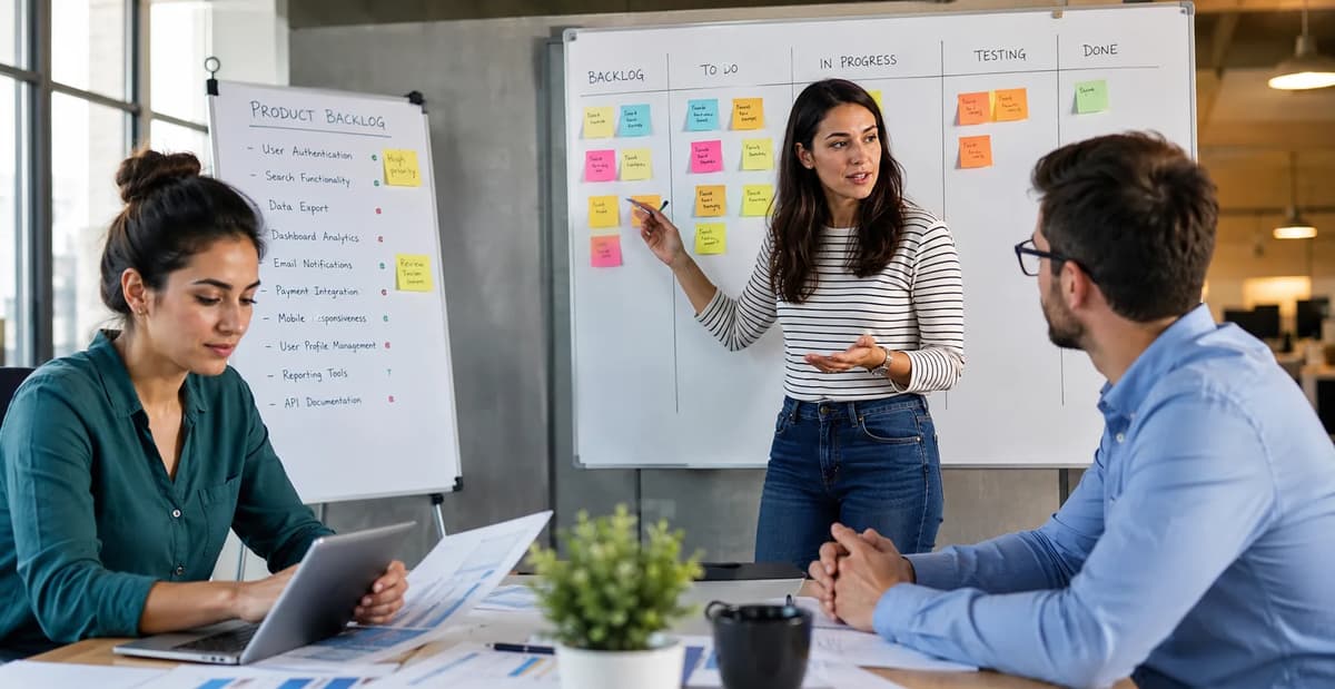 Product Owner, Scrum Master, and Business Analyst collaborating during an Agile planning meeting