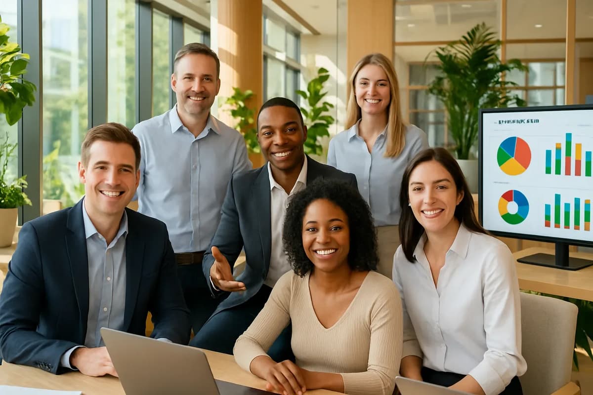 A diverse group of professionals networking at a job fair.