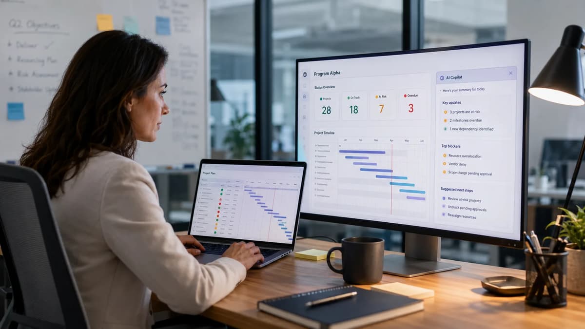 Project manager using an AI copilot dashboard to review project status, risks, resources, and timelines
