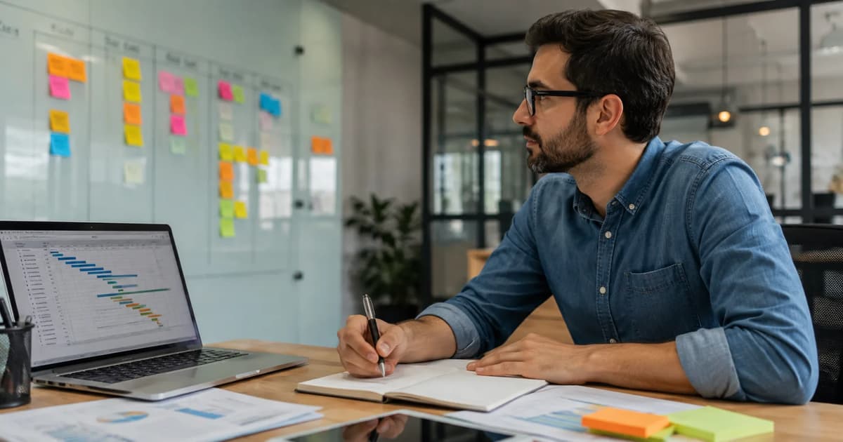 Project manager reviewing a Gantt chart and agile task board while planning work in a modern office