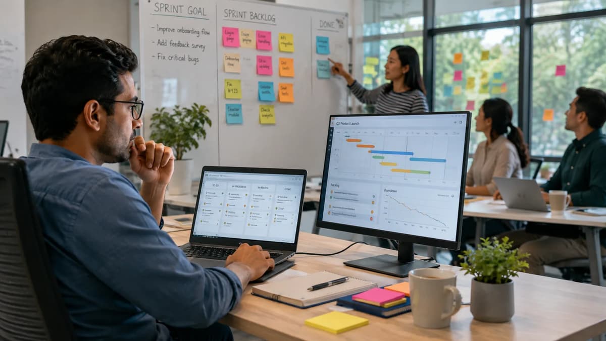 Project manager reviewing an Agile delivery timeline while a product team discusses the sprint backlog