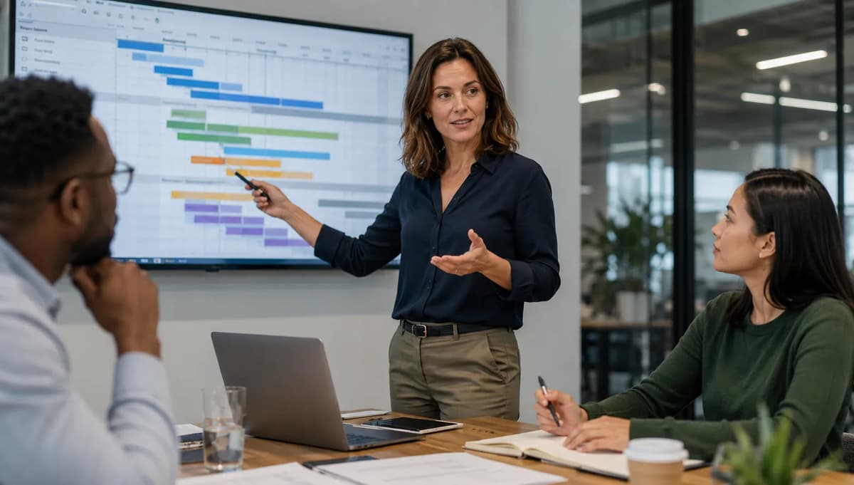 Program manager presenting a project timeline to colleagues during a team planning meeting