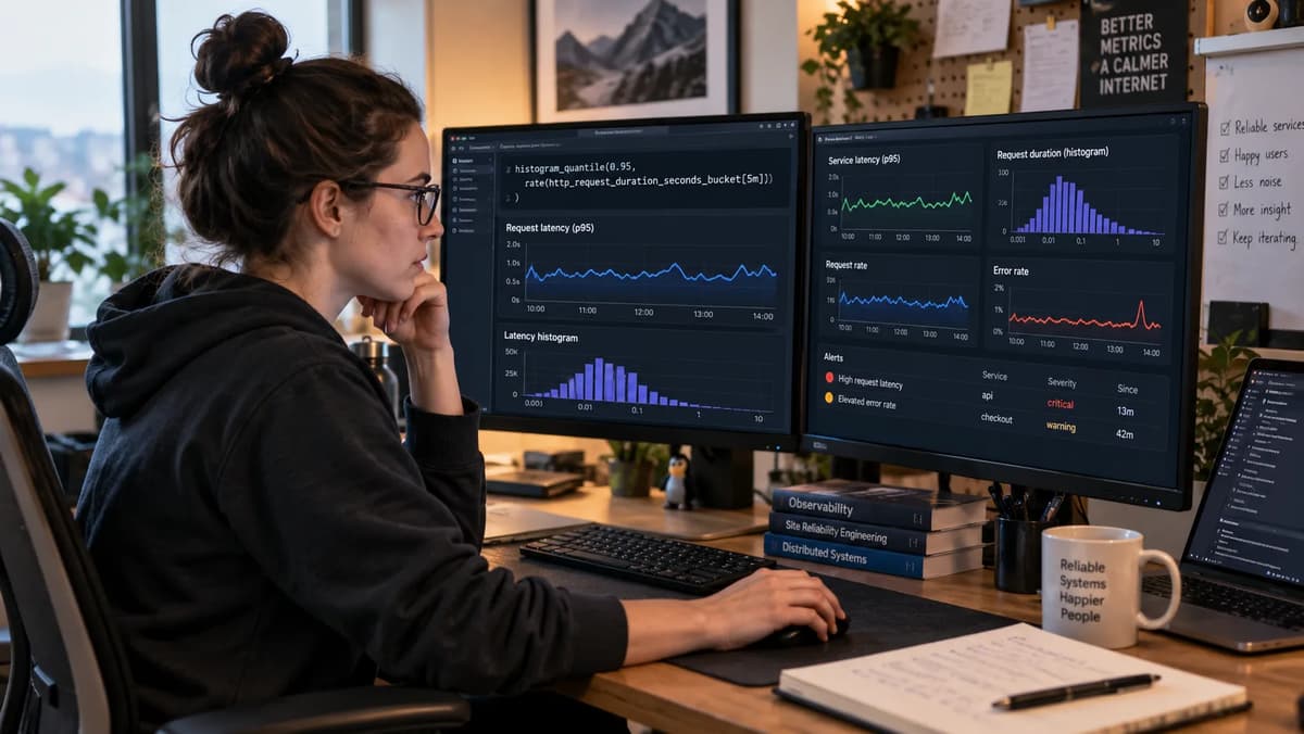 Observability engineer validating Prometheus service p95 latency histograms on monitoring dashboards