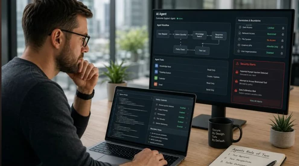 Prompt engineer reviewing AI agent permissions and prompt injection security controls at work