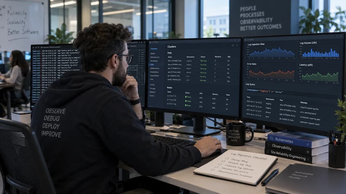 DevOps engineer reviewing Kubernetes logs, cluster status, and observability dashboards across three monitors.