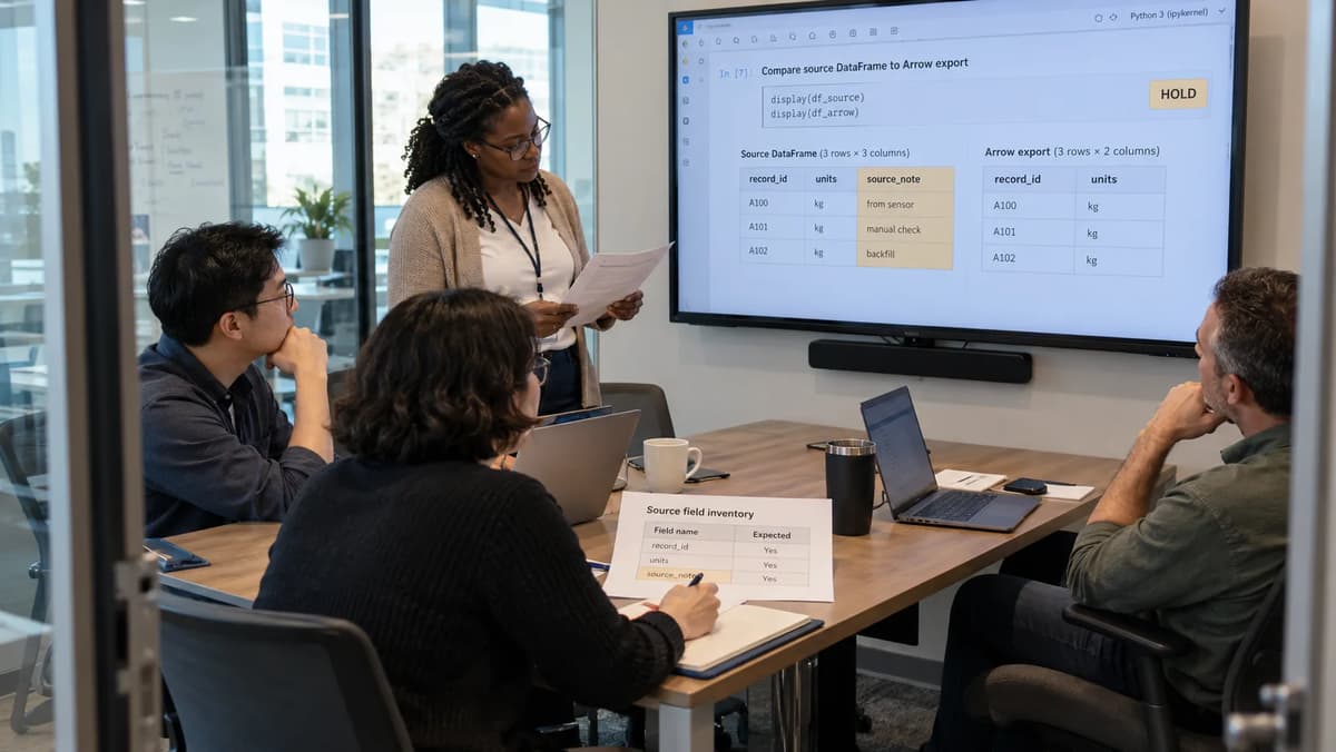 Four data engineers comparing pandas source columns with a PyArrow export to identify a missing field.