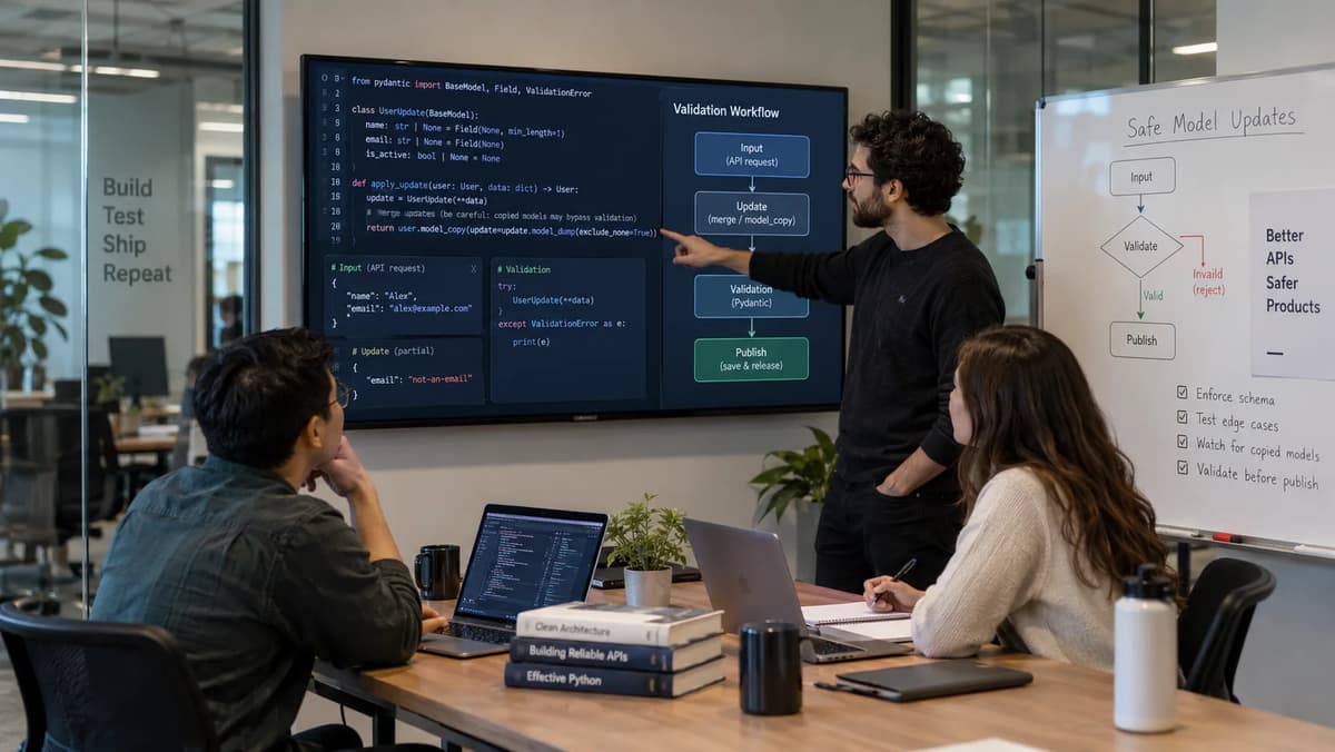 Backend developers reviewing Pydantic model validation code and test results before publishing an API update