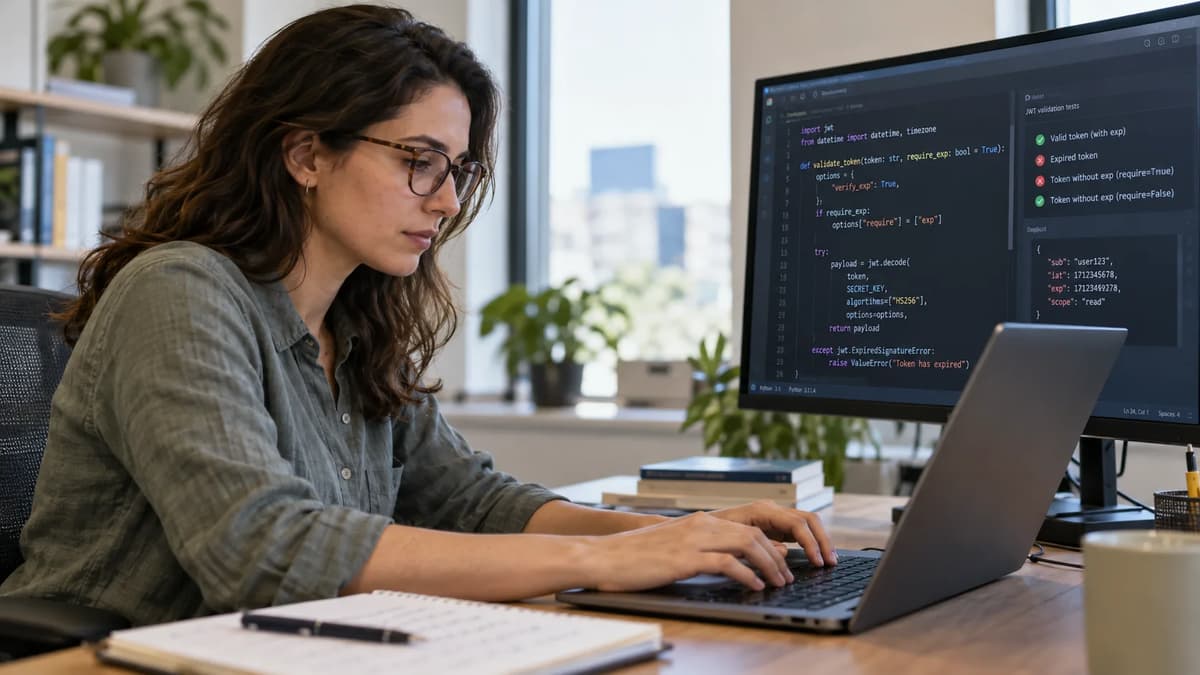 Software engineer reviewing PyJWT expiration checks and required JWT claims at a workstation.