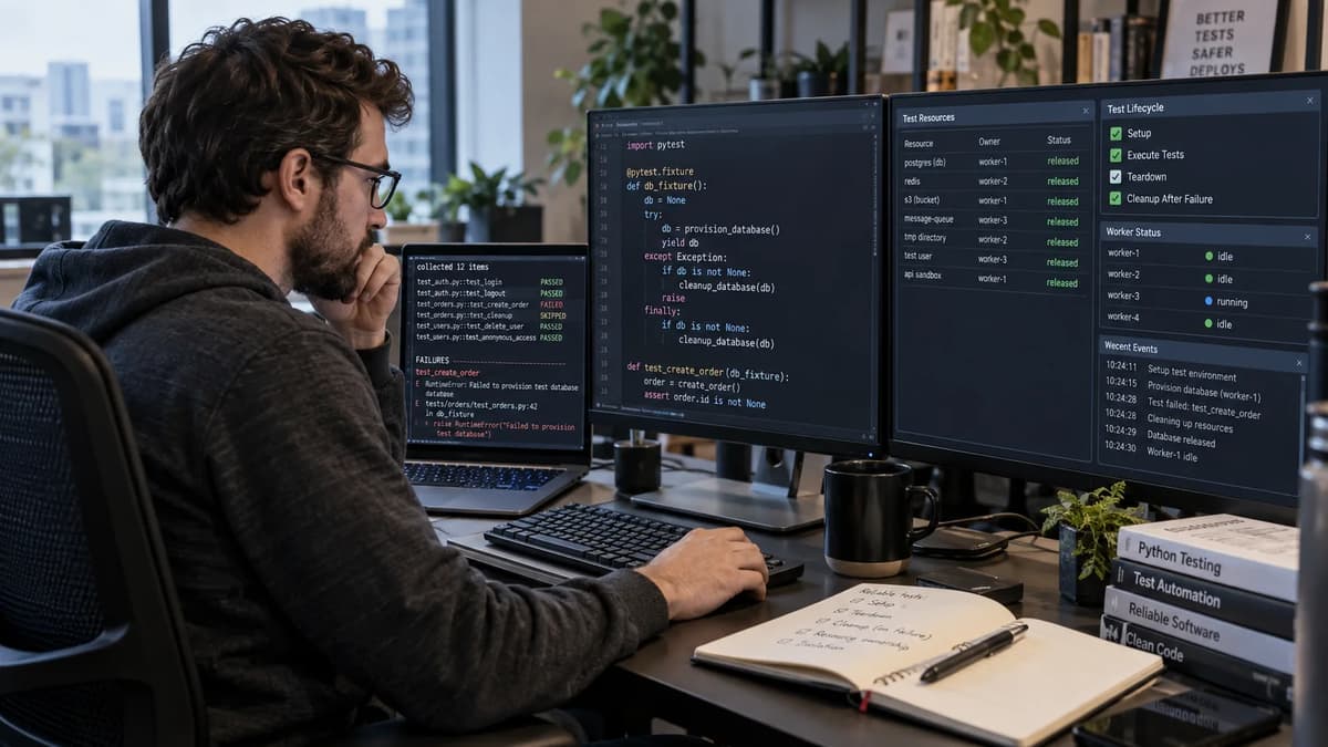 QA engineer reviewing pytest fixture cleanup logs and test resource ownership after a setup failure
