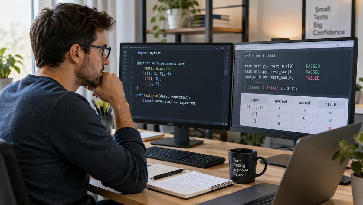 QA automation engineer reviewing pytest parameterized test failures on dual monitors