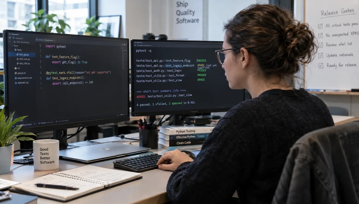 QA engineer reviewing Python test code and pytest XFAIL and XPASS results on dual monitors in an office.