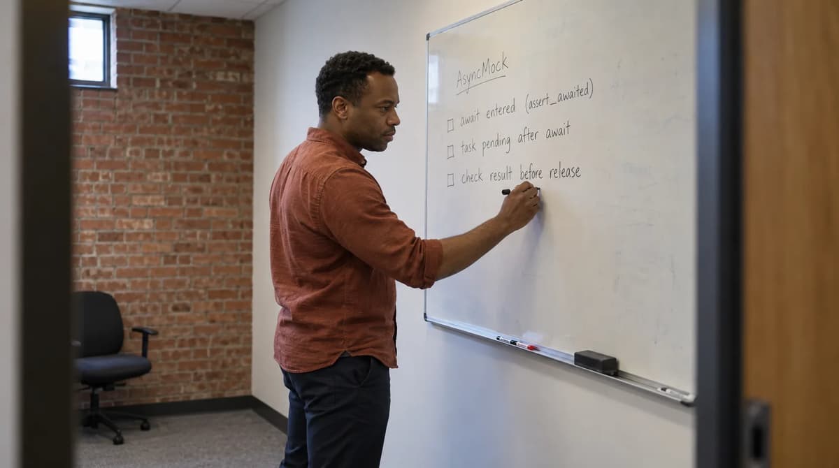 QA automation engineer outlining Python AsyncMock completion checks on a whiteboard.