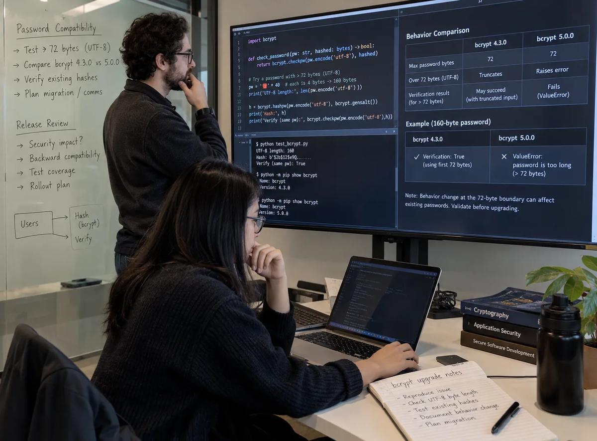 Python security engineers reviewing bcrypt 4.3.0 and 5.0.0 password compatibility at the 72-byte UTF-8 boundary