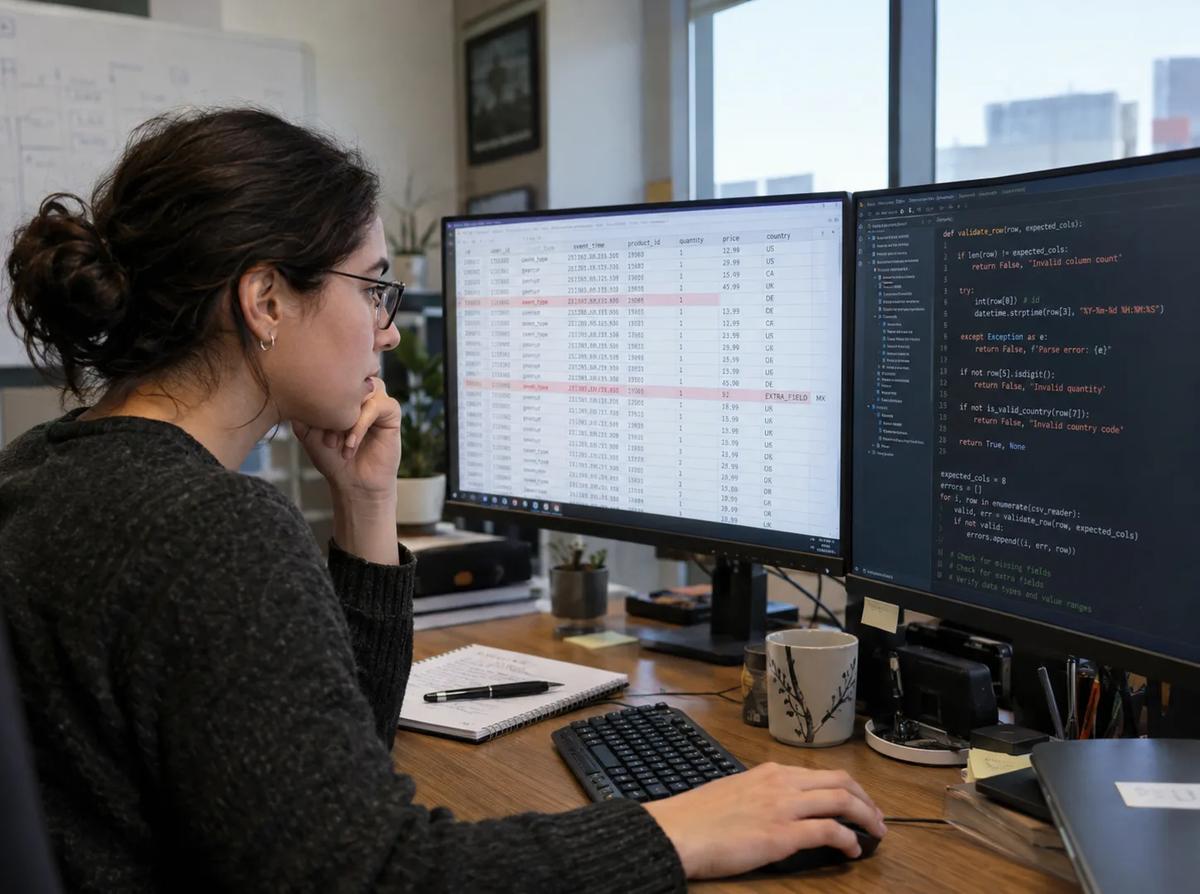 Data engineer validating CSV row widths, missing fields, and extra columns on computer monitors in a professional office.