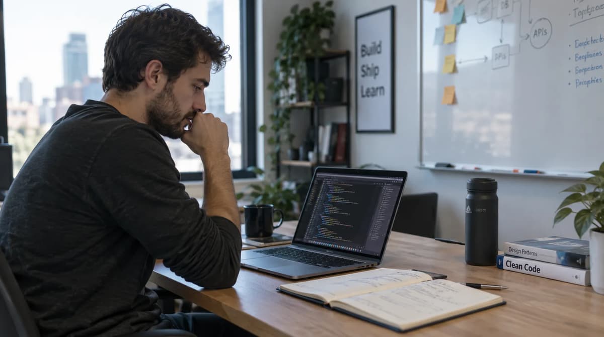 Software engineer reviewing Python Decimal step-rounding code and validation notes on a laptop in a modern office.