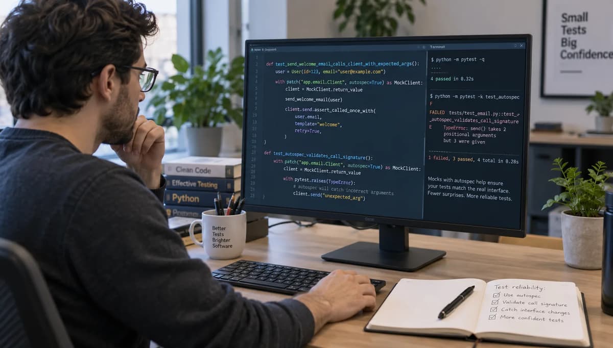 Python developer reviewing mock autospec call-signature tests on a desktop monitor