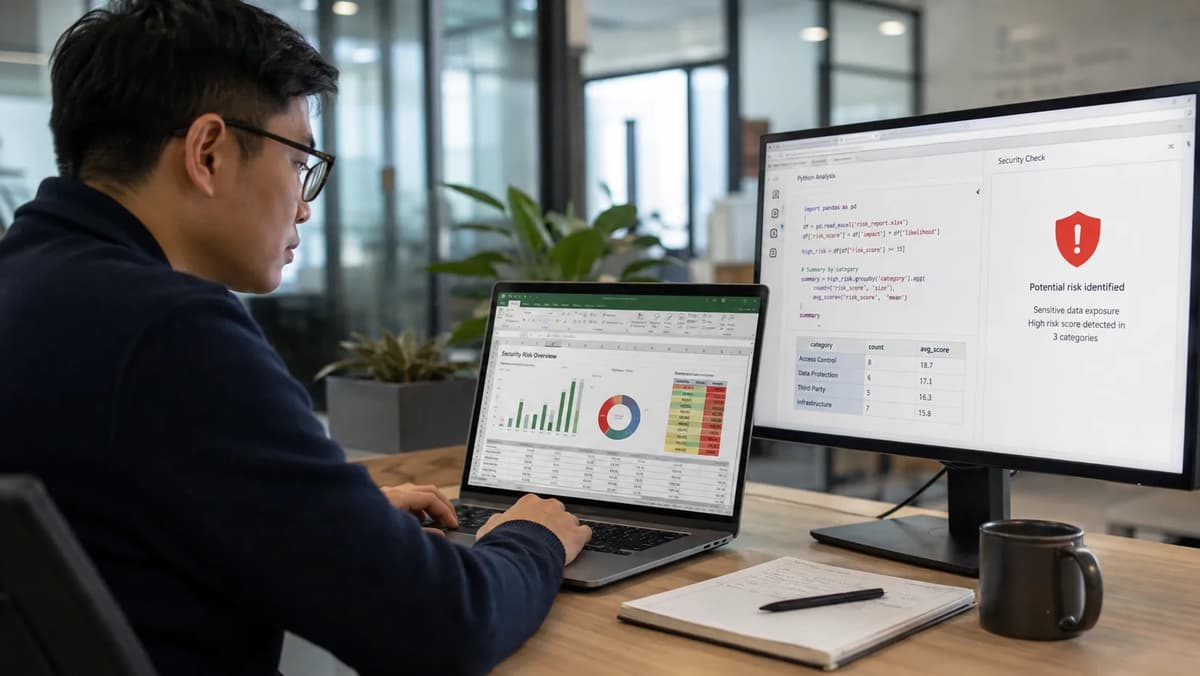 Data analyst reviewing Python in Excel security risks and enterprise reporting dashboards on dual monitors