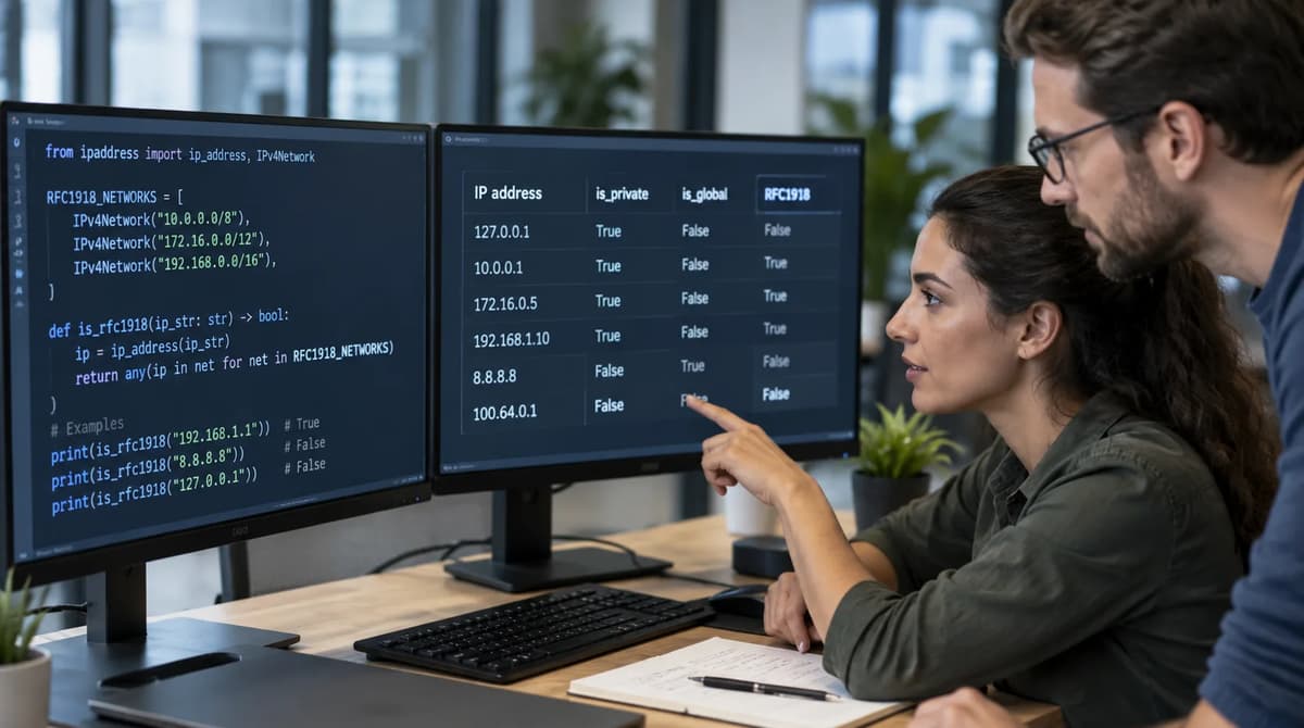 Network-security engineers comparing Python is_private flags with explicit RFC 1918 IPv4 membership on dual office monitors.