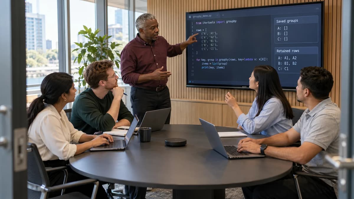 Data engineer debugging Python itertools.groupby and comparing empty saved groups with fully retained rows on a monitor.