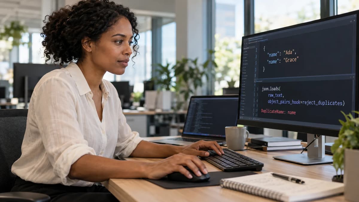 Backend engineer reviewing Python code to detect duplicate JSON keys before validating API requests.