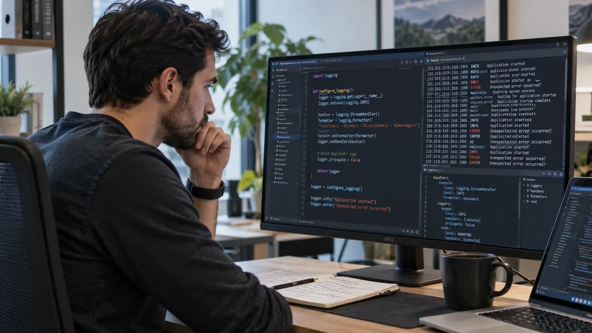 Backend developer reviewing Python logging configuration and duplicate log messages on a computer.
