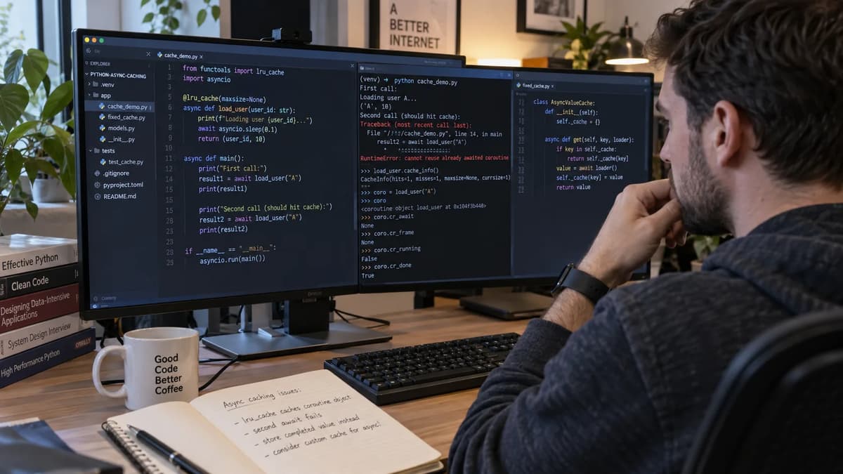 Python developer debugging an async cache that reuses an already awaited coroutine instead of storing completed values.
