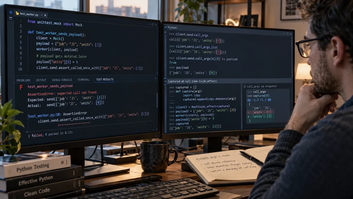 Python engineer comparing mutated unittest.mock call history with a deep-copied call-time argument snapshot on dual monitors.