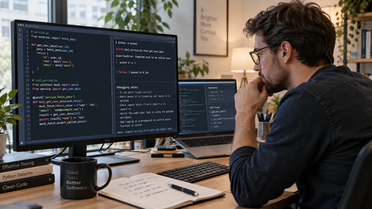 Python developer reviewing mock patch targets and unit test results at a workstation.