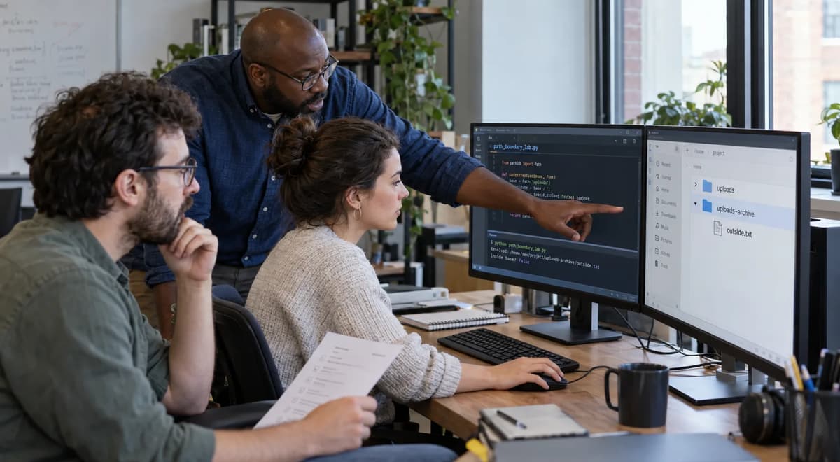Three engineers reviewing Python path containment checks and comparing uploads and uploads-archive folders on dual monitors.