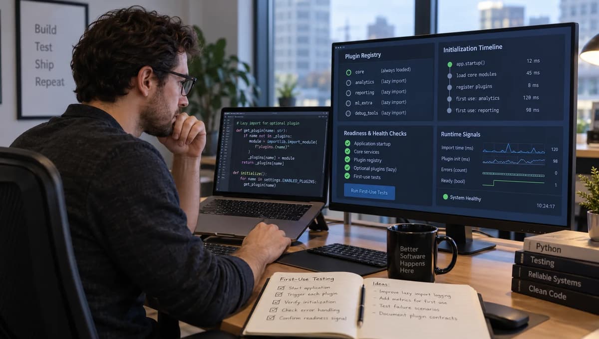 Python developer testing lazy import plugin initialization, first-use behavior, and application readiness on a monitoring dashboard