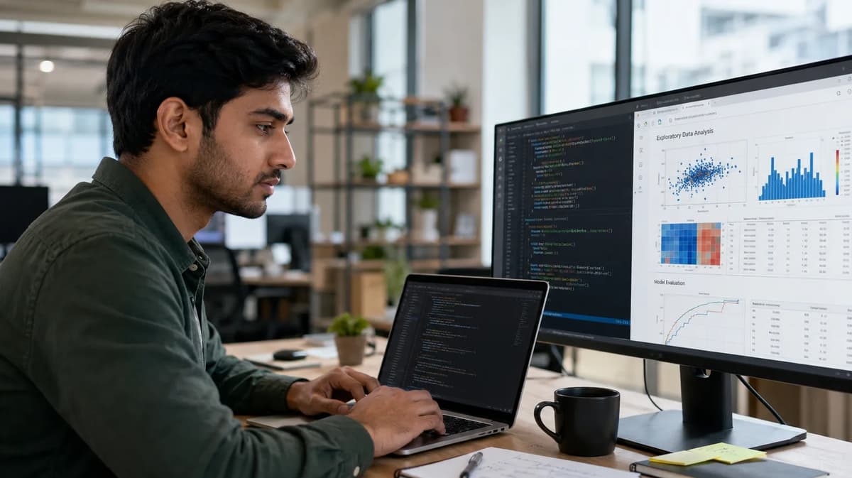 Data scientist working on Python code, data visualizations, and machine learning analysis at a modern office desk