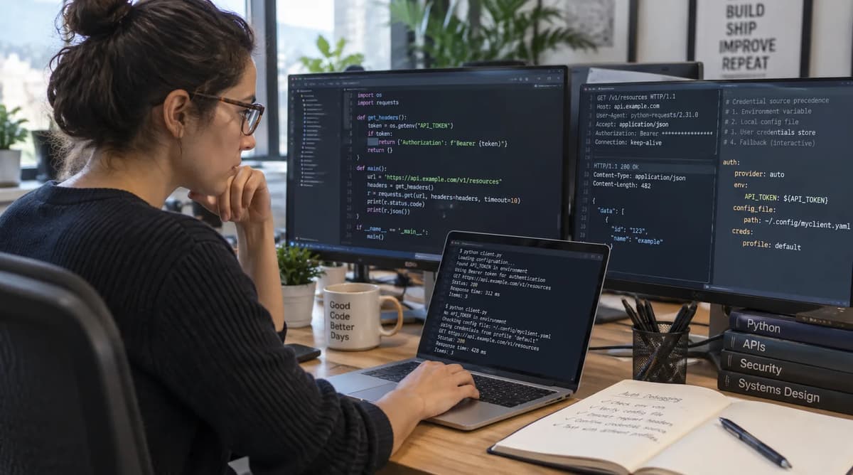 Software engineer debugging Python Requests authentication and Authorization header precedence at a multi-monitor workstation