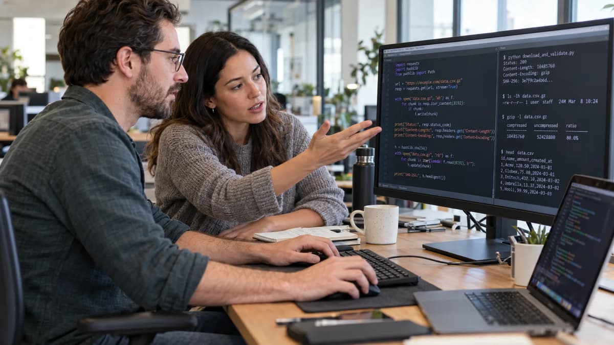 Python developer validating gzip download sizes and SHA-256 hashes at a workstation.