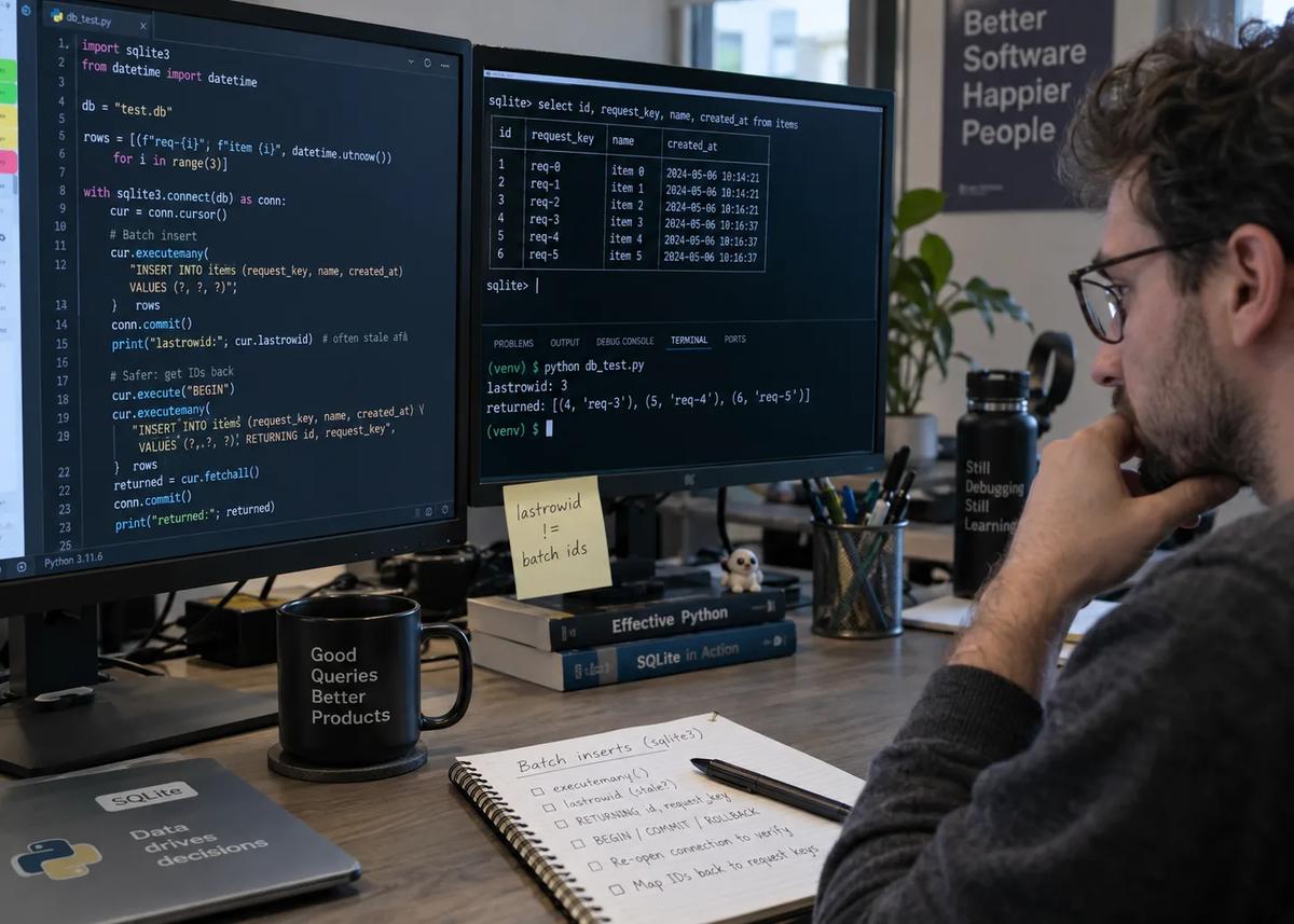 Software developer debugging Python SQLite batch inserts and reconciling generated IDs with RETURNING and transaction checks.