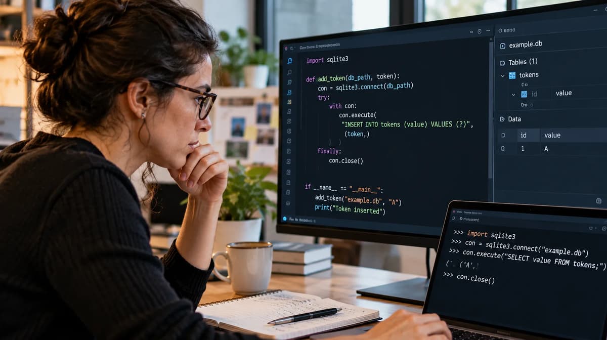 Python backend engineer testing SQLite transaction commits and connection closure on a database workstation