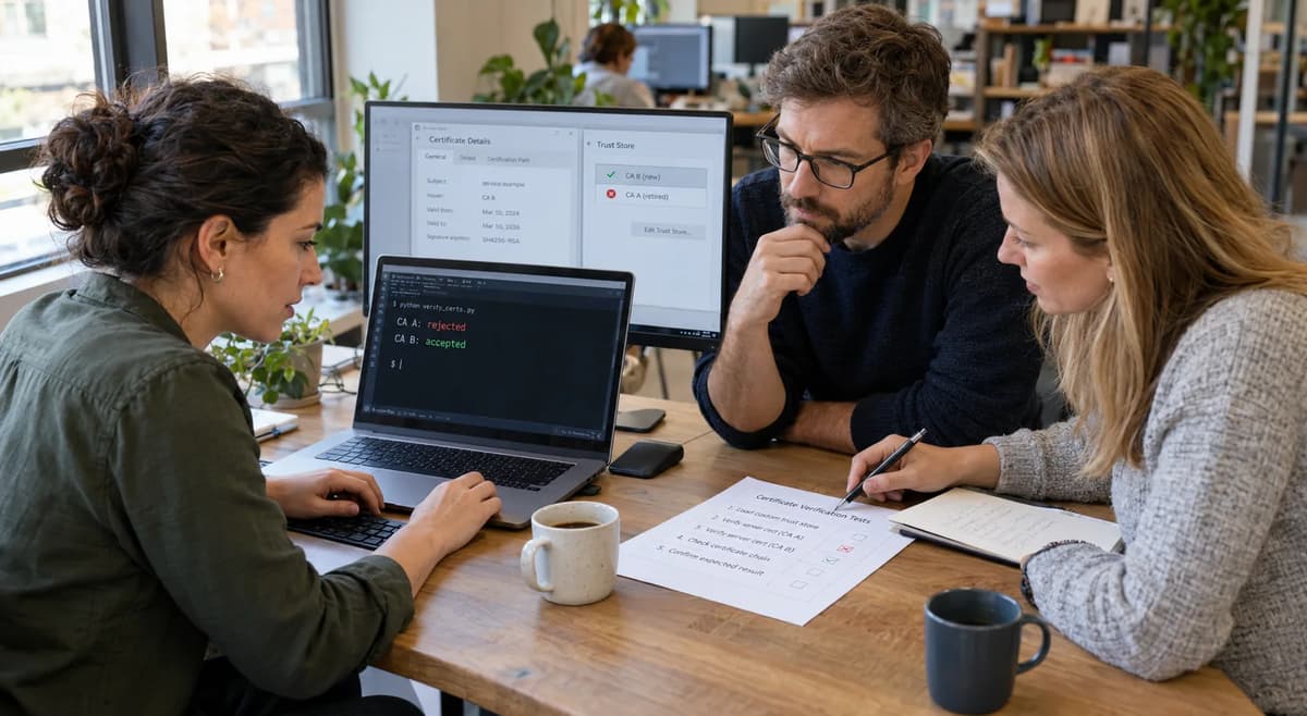 Two colleagues reviewing a laptop in an open-plan office with employees working at surrounding desks.