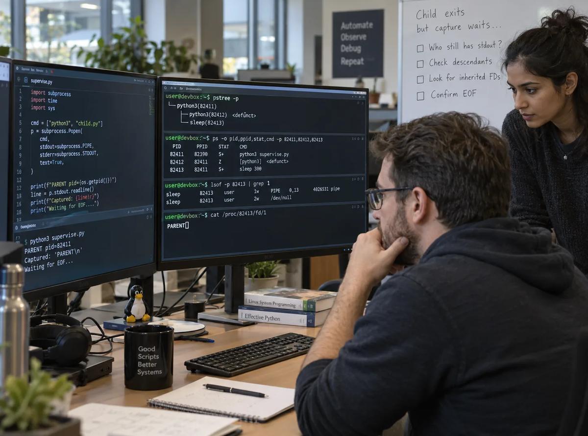Linux automation engineers diagnosing a Python subprocess after a child exits while a descendant keeps stdout open.