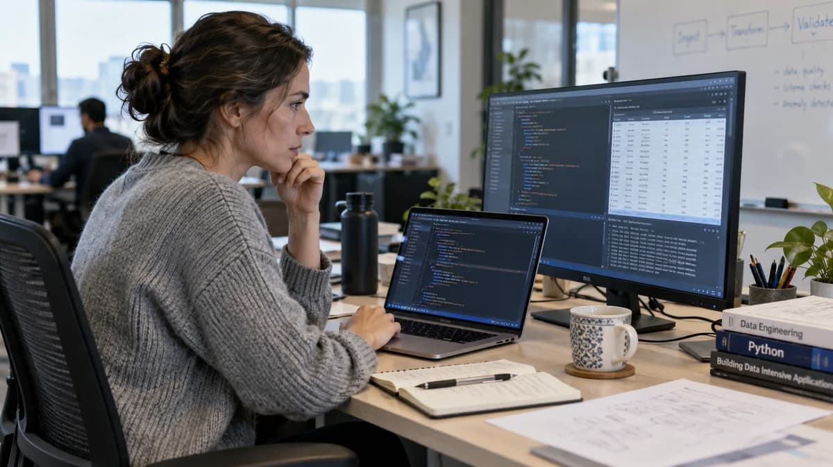 Data engineer reviewing Python zip strict iterator validation on multiple screens in a modern office