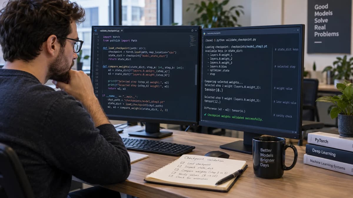 Machine learning engineer validating PyTorch checkpoint weights and state_dict copies on a workstation