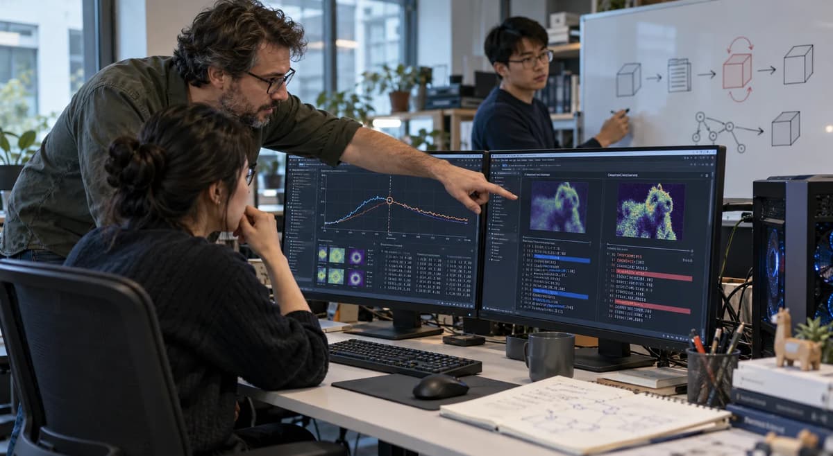 Machine-learning engineers comparing a selected PyTorch model checkpoint with later mutated weights on desktop monitors