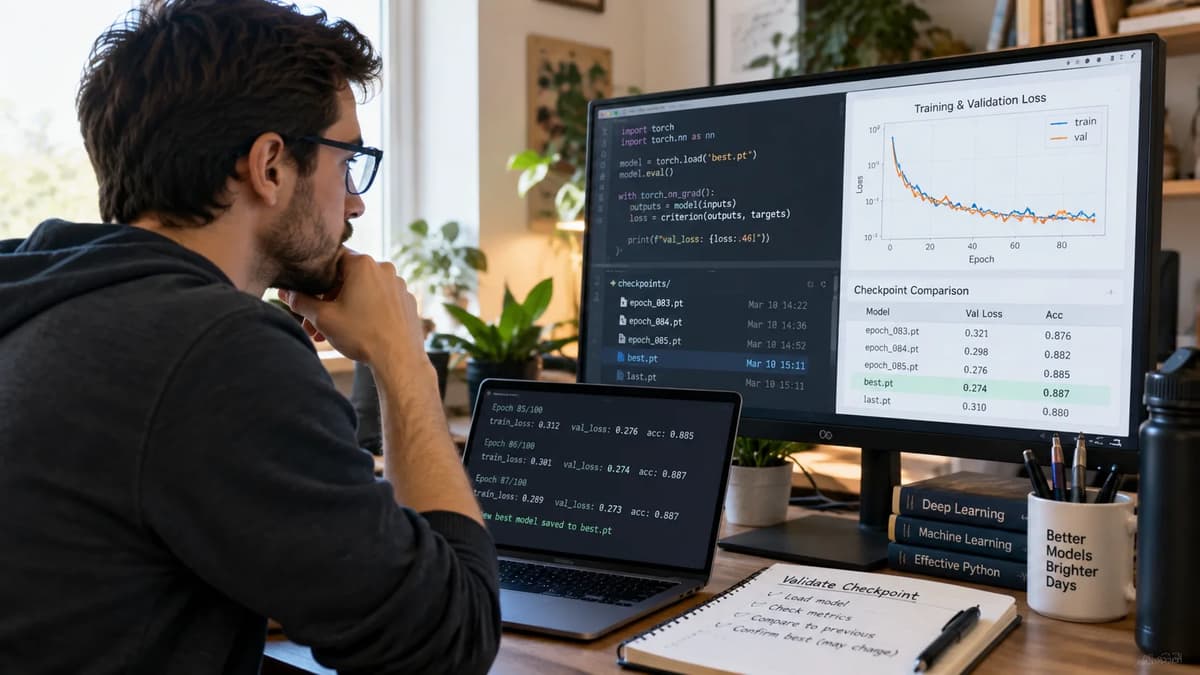 Machine learning engineer reviewing PyTorch checkpoint snapshots and model state validation at a workstation.