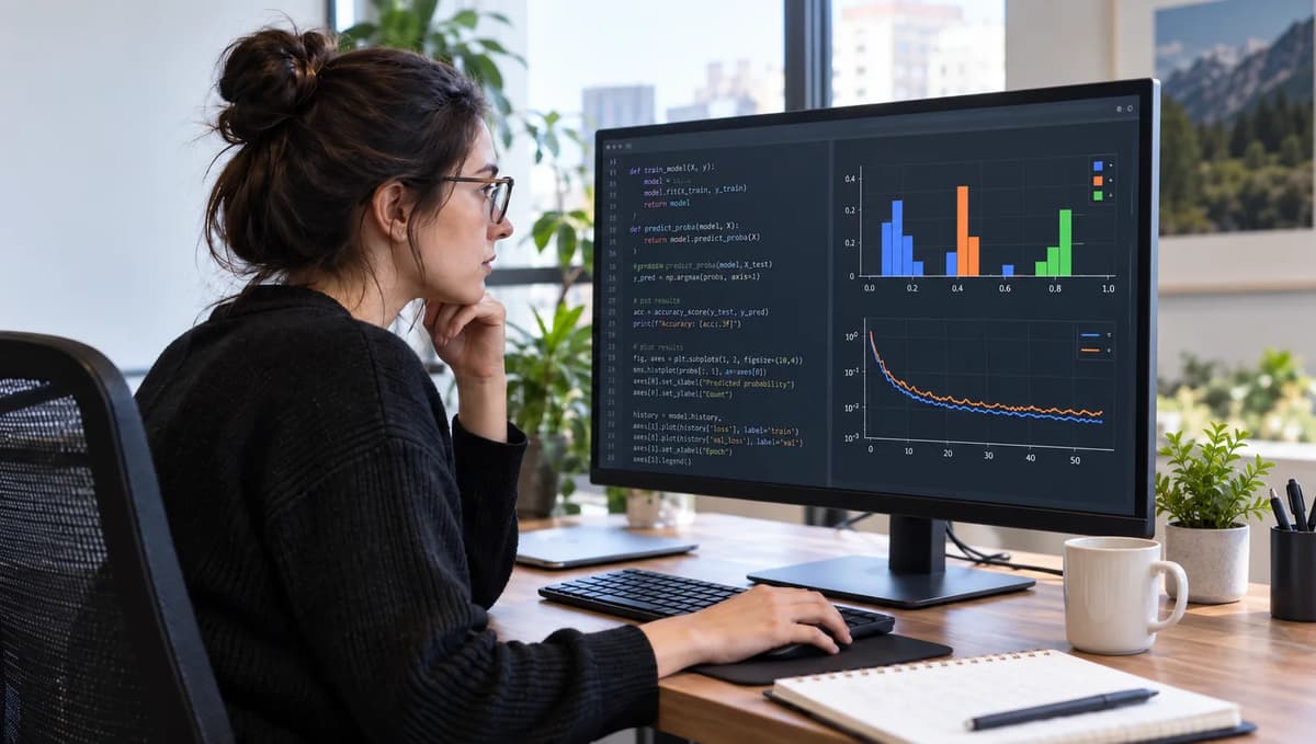 Machine learning engineer validating PyTorch soft-target probability distributions and training diagnostics on a computer monitor