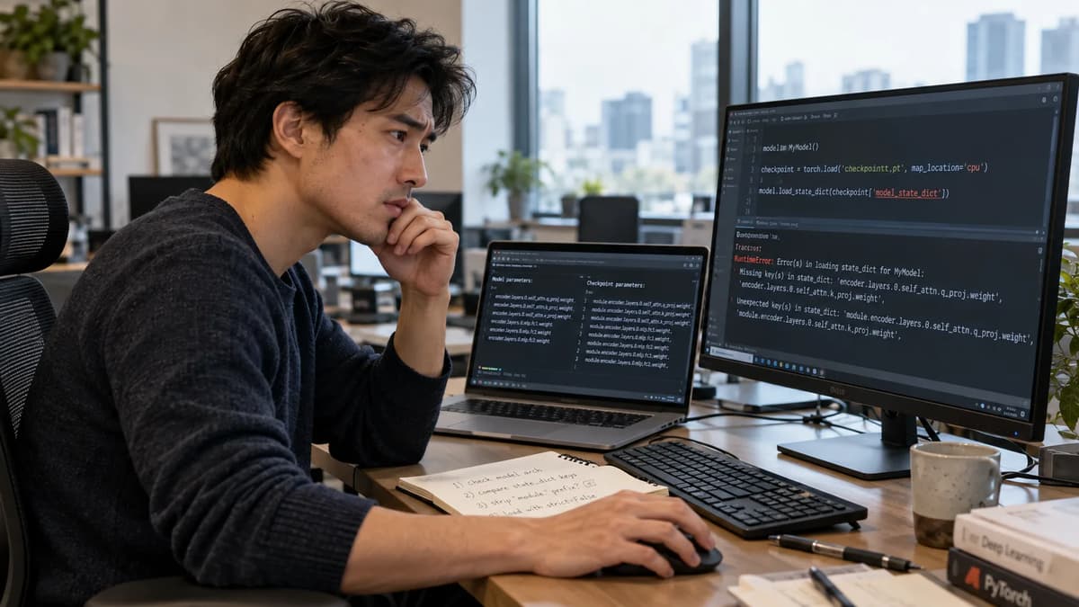 Machine learning engineer reviewing PyTorch model weights and loading errors at a workstation.
