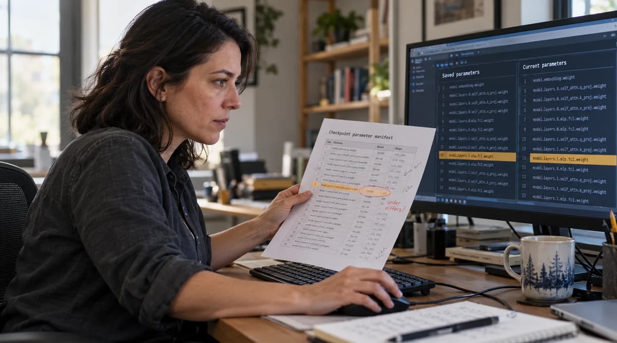 Machine learning engineer comparing a printed checkpoint manifest with saved and current parameter orders on a desktop monitor.